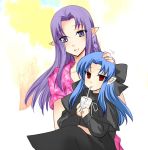  1girl 2girls blue_eyes blue_hair bow braid carnival_phantasm caster fate/stay_night fate_(series) glass hair_bow half_updo len long_hair melty_blood multiple_girls pointy_ears red_eyes ribbon straw tsukihime type-moon yukt 