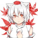  1girl animal_ears autumn_leaves bare_shoulders blush breasts bust detached_sleeves hat inubashiri_momiji leaf leaf_background looking_at_viewer pom_pom_(clothes) red_eyes short_hair silver_hair smile solo tokin_hat touhou tuto_(nonokuro-psyche-delic) wolf_ears 