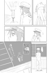  2girls ai_ai_gasa comic female_admiral_(kantai_collection) hat headgear kantai_collection long_hair monochrome multiple_girls murakumo_(kantai_collection) nathaniel_pennel short_hair translation_request writing 