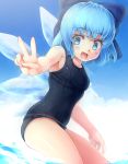  1girl blue_eyes blue_hair blue_sky bow cirno clouds fang hair_bow ice ice_wings komimiyako looking_at_viewer open_mouth outstretched_arm outstretched_hand pose school_swimsuit sky smile solo swimsuit touhou v water wings 