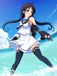  1girl ahoge bare_shoulders black_hair black_legwear clouds detached_sleeves green_eyes highres kantai_collection long_hair low_twintails shira-nyoro skirt sky solo suzukaze_(kantai_collection) thigh-highs twintails water 
