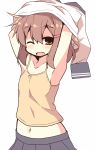  1girl armpits arms_up belly brown_hair fang hair_ornament hairclip ikazuchi_(kantai_collection) kantai_collection short_hair skirt taking_off tank_top tenjou_nanaki undressing 