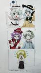  5girls :d blonde_hair blue_eyes blue_hair blush blush_stickers brown_eyes cosplay costume_switch crying flying_teardrops green_eyes green_hair hair_ornament hand_on_headwear hand_on_own_chest hat hat_ribbon heart highres jewelry komeiji_koishi komeiji_koishi_(cosplay) komeiji_satori komeiji_satori_(cosplay) leaning_forward looking_at_viewer lunasa_prismriver lyrica_prismriver lyrica_prismriver_(cosplay) merlin_prismriver merlin_prismriver_(cosplay) multiple_girls musical_note necklace odd_one_out one_eye_closed oota_jun&#039;ya_(style) open_mouth parody purple_hair ribbon short_hair shu_(loveeater) siblings silver_hair sisters smile style_parody third_eye touhou traditional_media violet_eyes 