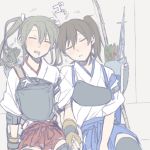  2girls beige_background black_legwear blush bow_(weapon) brown_hair closed_eyes drooling green_hair holding_hands kaga_(kantai_collection) kantai_collection multiple_girls muneate quiver ree_(re-19) short_hair side_ponytail single_glove sitting skirt sleeping thigh-highs twintails weapon zuikaku_(kantai_collection) 