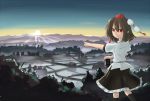  1girl camera gensoukyou hat hinami047 looking_back pointing pointy_ears red_eyes scenery shameimaru_aya skirt solo sunrise tokin_hat touhou 