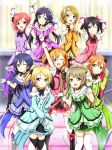  6+girls ayase_eli black_hair black_legwear blonde_hair blue_eyes blue_hair breasts closed_mouth dress flat_chest green_eyes hair_ornament highres hoshizora_rin karamoneeze koizumi_hanayo kousaka_honoka long_hair love_live!_school_idol_project minami_kotori multiple_girls nishikino_maki open_eyes open_mouth orange_hair pink_eyes ponytail purple_hair red_eyes redhead short_hair sonoda_umi teeth toujou_nozomi violet_eyes white_legwear yazawa_nico yellow_eyes 