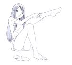  1girl long_hair monochrome original shorts sketch sock_pull solo traditional_media yoshitomi_akihito 