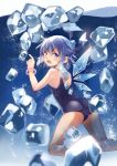  1girl blue_eyes blue_hair bow bracelet cirno hair_bow hika_(ozeluk) ice ice_wings jewelry looking_at_viewer looking_back open_mouth school_swimsuit solo swimsuit touhou underwater wings 
