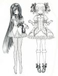  2girls akemi_homura argyle argyle_legwear black_hair bow choker cuffs dress eyelashes hair_bow hair_over_one_eye hairband kaname_madoka long_hair mahou_shoujo_madoka_magica monochrome multiple_girls pantyhose short_hair smile takatora traditional_media twintails very_long_hair 