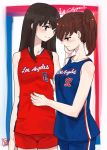  2girls akagi_(kantai_collection) basketball_uniform blush brown_eyes brown_hair hand_on_another&#039;s_face kaga_(kantai_collection) kantai_collection kuma_(crimsonvanilla) long_hair looking_at_another los_angeles_clippers multiple_girls national_basketball_association shirt_grab short_hair side_ponytail smile sportswear 