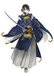  1boy black_gloves blue_hair dirty full_body gloves hakama highres ipev japanese_clothes katana male_focus mikazuki_munechika official_art one_eye_closed parted_lips sandals sayagata short_hair simple_background solo sword tabi torn_clothes touken_ranbu transparent_background weapon 