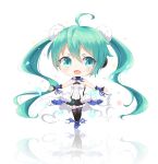  1girl ahoge black_legwear bow chibi green_eyes green_hair hair_ornament hatsune_miku long_hair open_mouth outstretched_arms pc9527 petals reflection simple_background solo spread_arms standing thigh-highs twintails vocaloid white_background wrist_cuffs zettai_ryouiki 