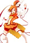  1girl :o angry arm_warmers bike_shorts boots bowtie brooch cure_sunny fighting_stance hair_bun highres hino_akane jewelry magical_girl open_mouth orange_hair orange_skirt precure red_eyes short_hair shorts_under_skirt skirt smile_precure! solo thigh-highs thigh_boots white_background white_legwear zielgigas 