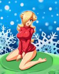  1girl :d aqua_eyes bare_legs barefoot between_legs blonde_hair blush bottomless breasts feet hair_over_one_eye hand_between_legs highres large_breasts legs long_hair looking_at_viewer naked_sweater open_mouth ribbed_sweater rosalina_(mario) sigurdhosenfeld sitting smile snowflakes soles solo super_mario_bros. super_mario_galaxy sweater toes turtleneck turtleneck_sweater v_arms wariza 