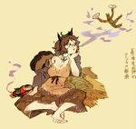  1girl animal_ears brown_eyes brown_hair futatsuiwa_mamizou glasses kiseru leaf leaf_on_head off_shoulder oimo_(14sainobba) pince-nez pipe raccoon_ears raccoon_tail sitting smoke tail touhou translation_request 