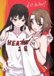  2girls arm_around_neck basketball_uniform black_hair blush breasts brown_hair green_eyes hand_on_hip headband index_finger_raised kantai_collection kuma_(crimsonvanilla) long_hair looking_at_viewer miami_heat multiple_girls mutsu_(kantai_collection) nagato_(kantai_collection) national_basketball_association pointing red_eyes short_hair sportswear 