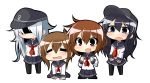  4girls akatsuki_(kantai_collection) black_hair brown_eyes brown_hair chibi clenched_hands closed_eyes commentary_request crying hat hibiki_(kantai_collection) highres ikazuchi_(kantai_collection) inazuma_(kantai_collection) kantai_collection long_hair multiple_girls open_mouth school_uniform serafuku shaded_face short_hair silver_hair simple_background sitting standing tears twumi violet_eyes white_background 