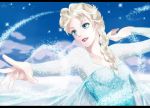  1girl aqua_eyes blonde_hair braid bust dress elsa_(frozen) frozen_(disney) kiyumi lipstick long_hair makeup mountain sky snow solo star_(sky) starry_sky 
