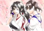  2girls akagi_(kantai_collection) brown_eyes brown_hair cherry_blossoms kaga_(kantai_collection) kantai_collection long_hair multiple_girls muneate one_eye_closed short_hair shoukaki_(earthean) side_ponytail smile tasuki yugake 