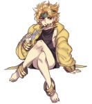  1boy age_regression anklet barefoot blonde_hair dagger dio_brando hahihu1782 headband heart jewelry jojo_no_kimyou_na_bouken knife oversized_clothes red_eyes solo weapon younger 