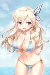  1girl bikini blonde_hair blue_eyes blush boku_wa_tomodachi_ga_sukunai breasts butterfly_hair_ornament clenched_hands fang hair_ornament highres kashiwazaki_sena large_breasts long_hair ocean open_mouth serin199 side-tie_bikini solo swimsuit 