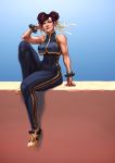  1girl alternate_costume bodysuit breasts brown_hair chin_rest chun-li crop_top crop_top_overhang double_bun highres muscle shoes short_hair sitting sneakers solo spandex sterna street_fighter street_fighter_zero studded_bracelet thick_thighs thighs wall 