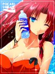  1girl bare_shoulders bikini blue_eyes bottle braid breasts collarbone colored_eyelashes highres hong_meiling large_breasts long_hair looking_at_viewer nekominase one_eye_closed orange_bikini pocari_sweat poster_(object) product_placement redhead smile solo solo_focus swimsuit touhou twin_braids water_bottle water_drop 
