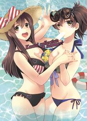  2girls akagi_(kantai_collection) asymmetrical_docking bikini breast_press brown_eyes brown_hair hat innertube kaga_(kantai_collection) kantai_collection long_hair multiple_girls otsuki38 short_hair side_ponytail sunglasses sunglasses_on_head swimsuit 