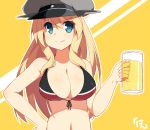  1girl alcohol beer beer_mug bikini_top bismarck_(kantai_collection) blonde_hair blue_eyes breasts cleavage hand_on_hip hoppege kantai_collection large_breasts long_hair smile solo 