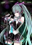  1girl blue_eyes detached_sleeves green_hair hatsune_miku headphones highres long_hair microphone microphone_stand necktie skirt solo tattoo thigh-highs tongue twintails very_long_hair vocaloid zheyi_parker 
