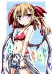  1girl bikini_top blonde_hair blush character_name clothes_around_waist flandre_scarlet hemogurobin_a1c long_hair mouth_hold no_hat pocky pointy_ears red_eyes shorts side_ponytail solo striped striped_background touhou unzipped wings 