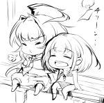 2girls :d ^_^ ahoge bangs blunt_bangs chibi closed_eyes female_admiral_(kantai_collection) kantai_collection kuma_(kantai_collection) long_hair mataichi_matarou midriff monochrome multiple_girls necktie open_mouth short_hair sigh sitting smile swimsuit wind_chime 
