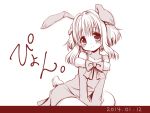  1girl animal_ears blush bow bunny_tail dated hidamari_sketch kemonomimi_mode monochrome nazuna quro_(black_river) rabbit_ears simple_background smile solo tail white_background 