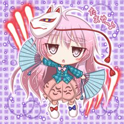  1girl ahoge blush chibi fan hata_no_kokoro lilywhite_lilyblack long_hair mask open_mouth pink_hair purple_background ribbon touhou violet_eyes 