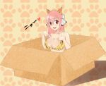  1girl animal_ears bikini blush box breasts cardboard_box cat_ears cleavage headphones highres large_breasts long_hair looking_at_viewer nitroplus open_mouth pink_hair red_eyes smile solo super_sonico swimsuit tiger_print 