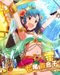  &gt;:d 1girl :d armlet bikini blue_hair blush bracelet braid character_name crown flower flower_on_head idolmaster idolmaster_million_live! jewelry looking_at_viewer musical_note nanao_yuriko necklace open_mouth signature smile swimsuit yellow_eyes 
