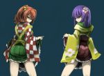  2girls apron ginji_(sakaki_summer) hieda_no_akyuu japanese_clothes kimono kimono_lift legs looking_at_viewer looking_back motoori_kosuzu multiple_girls naughty_face orange_eyes orange_hair purple_hair skirt skirt_lift touhou violet_eyes 