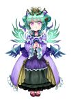  1girl aqua_hair astaroth_(p&amp;d) blue_bow bow choker collarbone dress feathered_wings feet_together frilled_dress frilled_sleeves frills full_body hair_ornament hands_clasped hands_together long_sleeves low_wings multiple_wings open_mouth pigeon-toed purple_dress puzzle_&amp;_dragons red_shoes shinya90 shoes short_hair simple_background smile solo tiara violet_eyes white_background wings 
