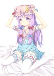  1girl arms_up babydoll crescent garters hair_ribbon highres long_hair mob_cap nightgown patchouli_knowledge purple_hair ribbon sitting solo thigh-highs touhou tress_ribbon very_long_hair violet_eyes wariza white_legwear xiao_yinbie zettai_ryouiki 