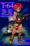  belt_pouch bikini_bottom boots camouflage_bikini carina_(xiaowoo) fingerless_gloves gloves gun military military_vehicle pistol red_eyes redhead sleeveless tank vehicle war_paint weapon 