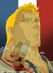  1boy abel_(street_fighter) blonde_hair blood bloody_hands bust close-up come_at_me_bro fingerless_gloves france french_flag gloves looking_at_viewer metalhanzo scar solo street_fighter street_fighter_iv 