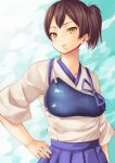  1girl arios_(orochi_yuta) breasts brown_eyes brown_hair hand_on_hip kaga_(kantai_collection) kantai_collection looking_at_viewer muneate parted_lips side_ponytail solo tasuki 