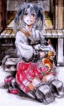  cat hakama_skirt holding japanese_clothes kantai_collection kneeling miru_(roche454) muneate orange_eyes red_eyes ribbon smile traditional_media twintails yugake zuikaku_(kantai_collection) 