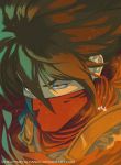  1boy brown_hair close-up face highres metalhanzo ninja red_eyes scarf solo strider_(video_game) strider_hiryuu watermark web_address 