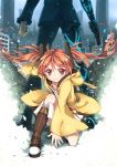  1boy 1girl absurdres aihara_enju black_bullet brown_eyes building building_block clenched_hand gun hair_ornament handgun highres holding looking_at_viewer north_abyssor out_of_frame outstretched_arm pose redhead satomi_rentarou smile standing twintails weapon 