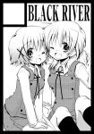  2girls ;d circle_cut hidamari_sketch looking_at_viewer miyako monochrome multiple_girls one_eye_closed open_mouth quro_(black_river) school_uniform short_hair simple_background smile white_background yuno 