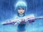  1girl blue_clothes blue_eyes blue_hair broken_umbrella crying crying_with_eyes_open gutter heterochromia holding karakasa_obake long_sleeves looking_at_viewer open_mouth rain red_eyes short_hair solo_focus tatara_kogasa tears touhou translation_request umbrella wet wet_clothes 