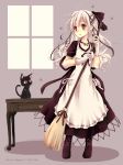  1girl broom cat gloves highres long_hair maid nemurou original pointy_ears red_eyes solo white_hair 