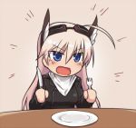  1girl ahoge animated animated_gif blonde_hair blue_eyes blush chibi fork goggles goggles_on_head hanna-justina_marseille knife long_hair lowres military military_uniform null_(nyanpyoun) open_mouth plate smile solo strike_witches uniform 