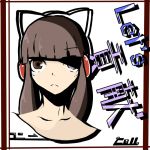  1girl artist_name brown_eyes brown_hair cell-do_(quzz) character_name connie_(freedom_wars) face freedom_wars hair_ornament headphones long_hair signature solo translated 